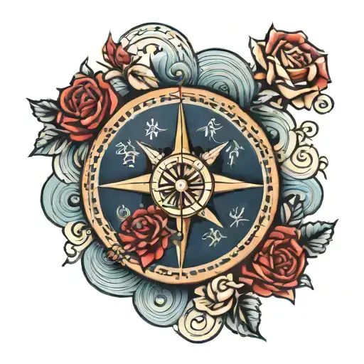 vintage Compass on the back of hand surround by blue waves and red roses tattoo design idea
