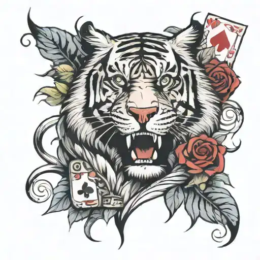 A sleeve tattoo with playing Cards, a tigers face at the top of the shoulder with a dragon and red rose going  tattoo design idea