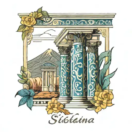sicilian tile pattern with greek pillars and mount etna tattoo design idea