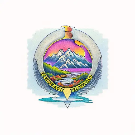 Combine the iconic Fleetwood Mac logo with a scenic mountain landscape tattoo design idea