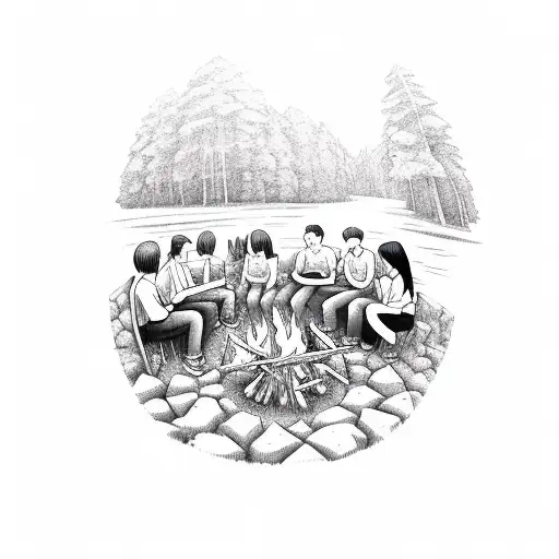 highschool friends sitting around a campfire tattoo design idea