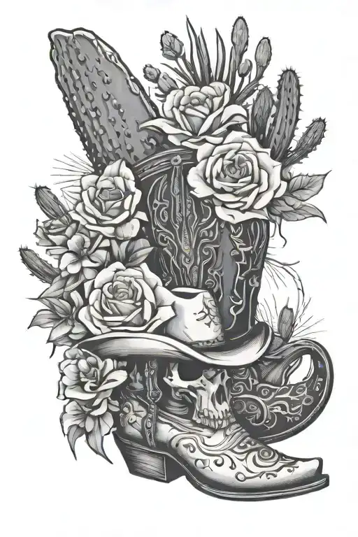 Arizona desert filled with cacti, longhorn skull, cowgirl boots with flowers coming out of it tattoo design idea