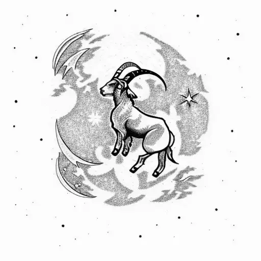 A dotwork tattoo of a starry night sky with the silhouette of a goat (Capricorn) jumping over the phases of the moon tattoo design idea