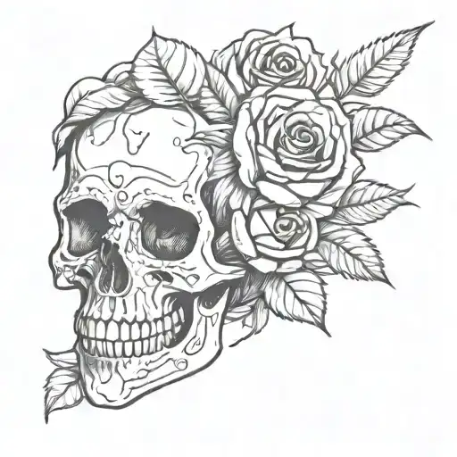 fine line skull and roses simple tattoo design idea