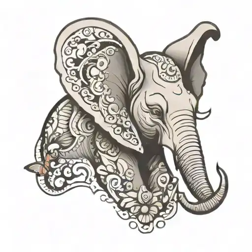 Elephant head  with trunk up and butterfly wings for ears  tattoo design idea
