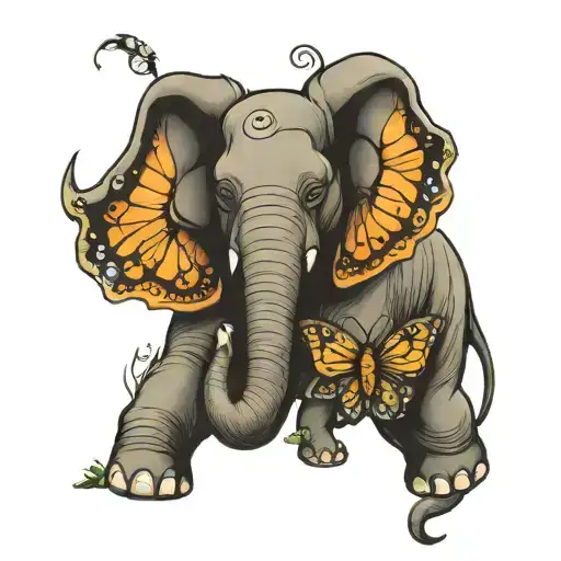 Elephant with trunk up and butterfly wings for ears  tattoo design idea