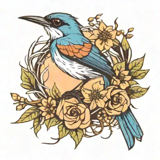 Indian paradise flycatcher sitting inside a wreath of twigs  tattoo design idea
