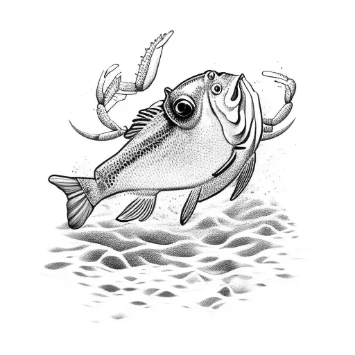 a fish fighting against two crabs tattoo design idea