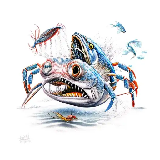 a fish fighting against two crabs tattoo design idea