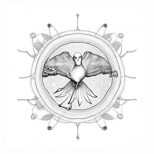 A dotwork tattoo of a seagull holding a neuron in its beak, with the Brighton Pier in the background tattoo design idea