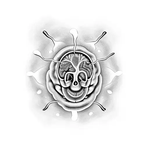 A black-grey tattoo of a brain-shaped seashell with the word 'Brighton' written in neural pathways tattoo design idea