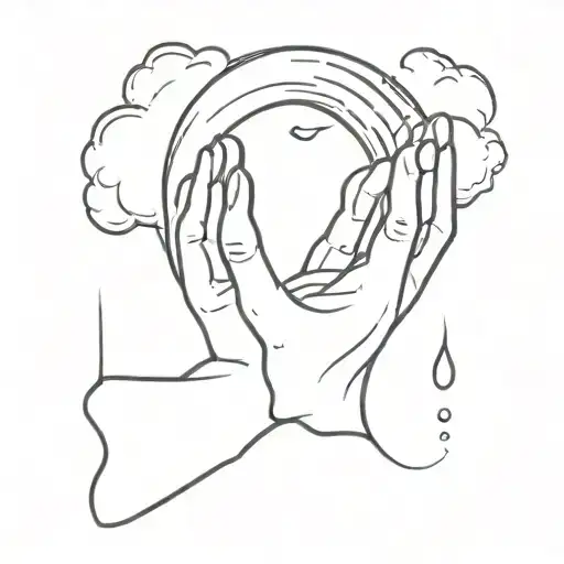 A crescent in the clouds between praying hands and water drops falling on the crescent tattoo design idea