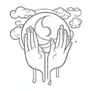 A crescent in the clouds between praying hands and water drops falling on the crescent tattoo design idea