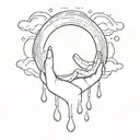 A crescent in the clouds between praying hands and water drops falling on the crescent tattoo design idea