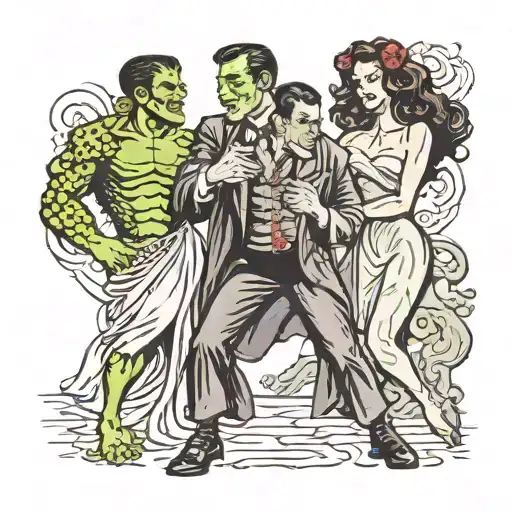 Dracula, Frankenstein, Frankenstein bride, wolfman, and the creature from the black lagoon dancing tattoo design idea