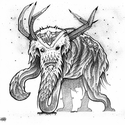 a scene representing a mammoth attacked by demoniac wolfs tattoo design idea