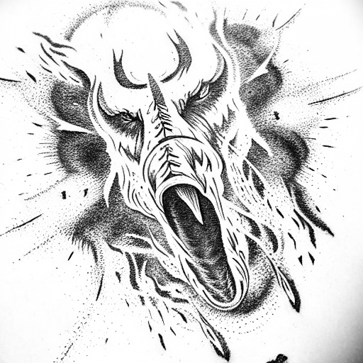 un mammut arrabbiato che viene attaccato da dei coyote demoniaci tattoo design idea