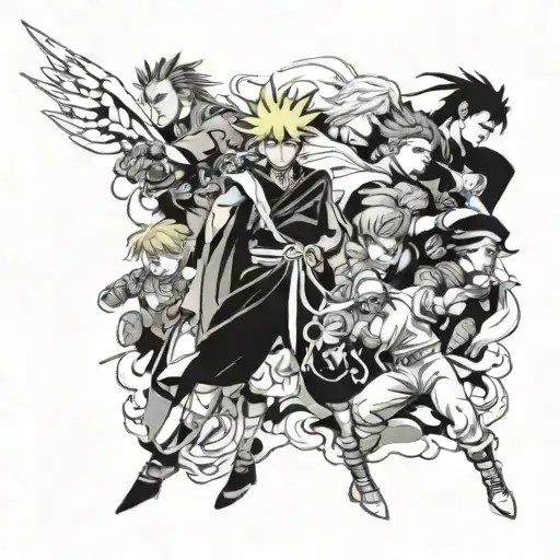 Create a sleeve tattoo featuring characters from Bleach, Naruto, Inuyasha, Black Clover, Hunter x Hunter, and Seven Deadly Sins interacting in a dynamic and epic battle scene tattoo design idea