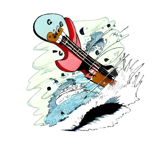A bass guitar surrounded by swirling waves and a fishing hook tattoo design idea