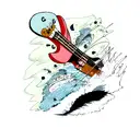 A bass guitar surrounded by swirling waves and a fishing hook tattoo design idea