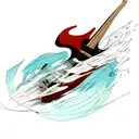 A bass guitar surrounded by swirling waves and a fishing hook tattoo design idea