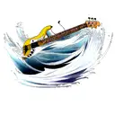 A bass guitar surrounded by swirling waves and a fishing hook tattoo design idea