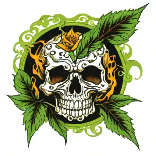 Skull surrounded with weed leafs smoking weed tattoo design idea