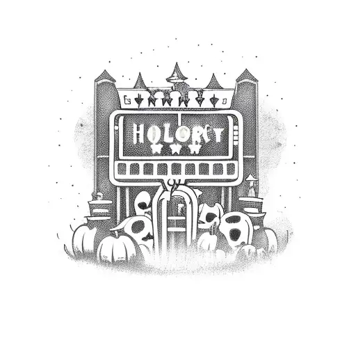 A horror themed roller coaster cart with spooky elements and a Vegas sign in the background tattoo design idea