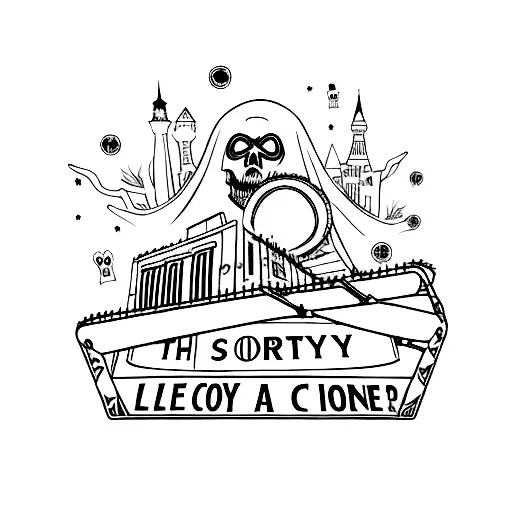 A horror themed roller coaster cart with spooky elements and a Vegas sign in the background tattoo design idea