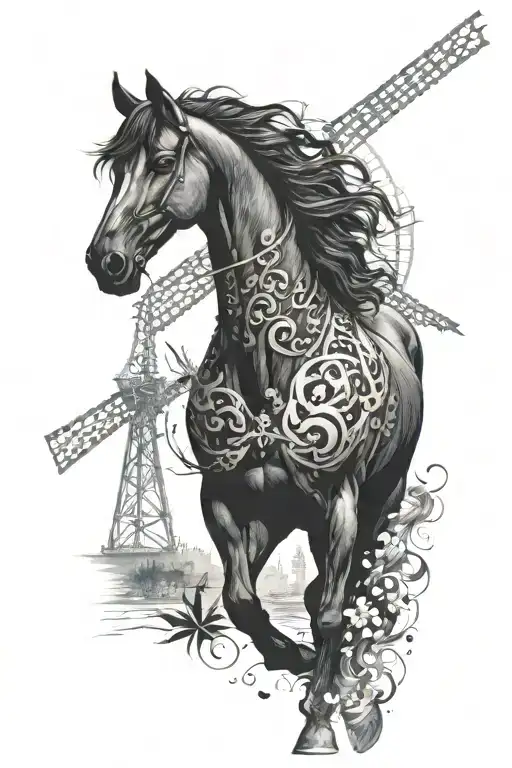 menorquian black horse with windmill surrounded tattoo design idea