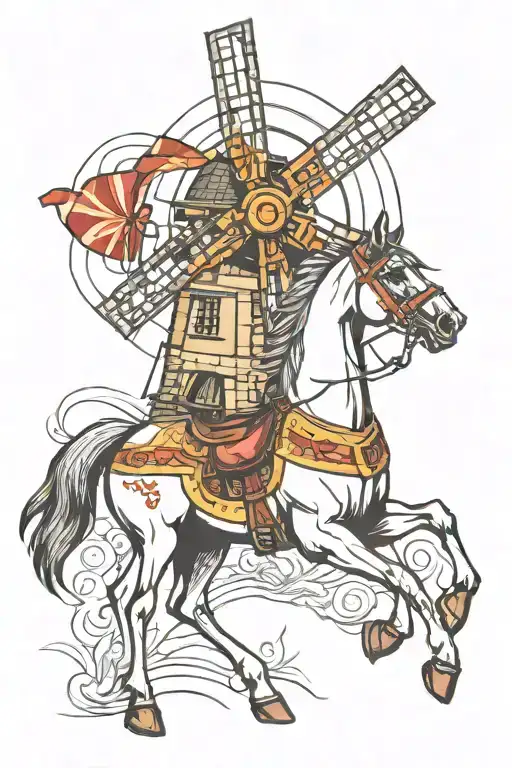 menorquian horse with windmill dom quixote tattoo design idea