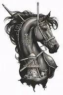 menorquian black horse with windmill dom quixote tattoo design idea
