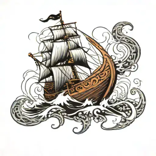 Viking ship tattoo in a storm with the presence of the kraken and Poseidon tattoo design idea