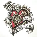 heart with scroll across top and bottom, top says warrior, bottom says poets tattoo design idea