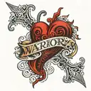 heart with scroll across top and bottom, top says warrior, bottom says poets tattoo design idea