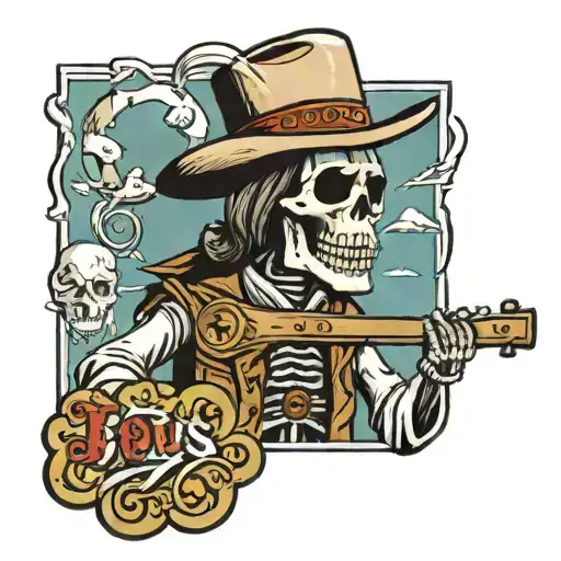 A Skelton cowboy holding a cardboard sigh. Saying “Jesus saves”above his head  tattoo design idea