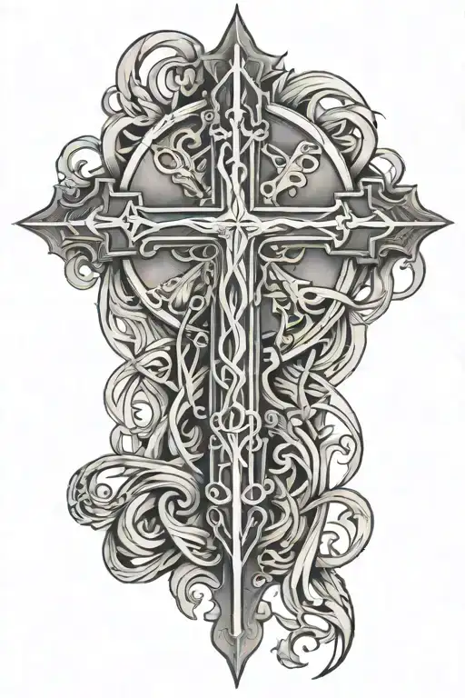 Cross of Jesus intertwined with parchment with a date written on it tattoo design idea