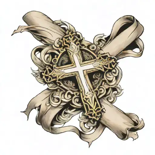 Cross of Jesus intertwined with parchment unrolling to reveal tattoo design idea