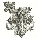 Cross of Jesus intertwined with parchment with a date written on it tattoo design idea