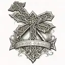 Cross of Jesus intertwined with parchment with a date written on it tattoo design idea