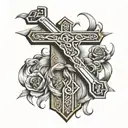 Cross of Jesus intertwined with parchment with a date written on it tattoo design idea
