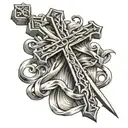 Cross of Jesus intertwined with parchment with a date written on it tattoo design idea