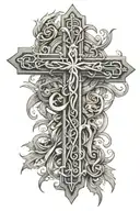 Cross of Jesus intertwined with parchment with a date written on it tattoo design idea