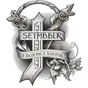 Cross of Jesus intertwined with parchment with the date "September 29" written on it tattoo design idea