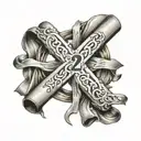 Cross of Jesus intertwined with parchment with the date "September 29" written on it tattoo design idea