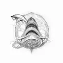 the bottom of the sea, a white shark, a hammerhead shark, a jellyfish, a turtle and an octopus swimming.  tattoo design idea