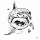 the bottom of the sea, a white shark, a hammerhead shark, a jellyfish, a turtle and an octopus swimming.  tattoo design idea