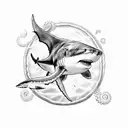 the bottom of the sea, a white shark, a hammerhead shark, a jellyfish, a turtle and an octopus swimming.  tattoo design idea