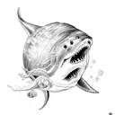 the bottom of the sea, a white shark, a hammerhead shark, a jellyfish, a turtle and an octopus swimming.  tattoo design idea