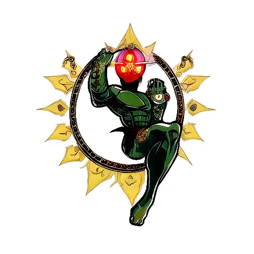 Traditional tattoo of an alien warrior holding an espada with cosmic elements tattoo design idea